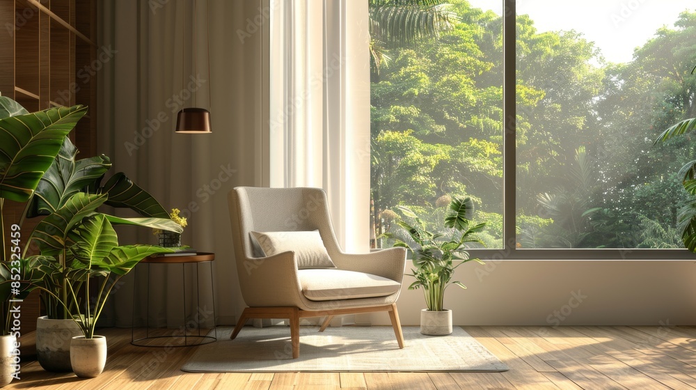 Relaxing corner with comfortable armchair, stylized with houseplants and a calming view of nature through a modern window. Relaxing corner with comfortable armchair, stylized with houseplants and a calming view of nature through a modern window.