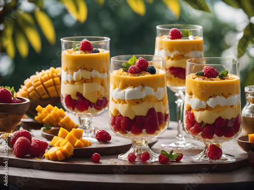 Una colorida imagen que representa varias copas de parfait de frutas photo
