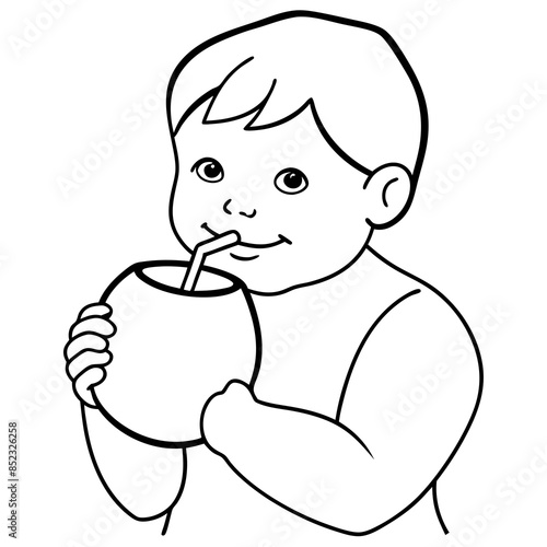 A baby drinking coconut water vector line art and silhouette illustration