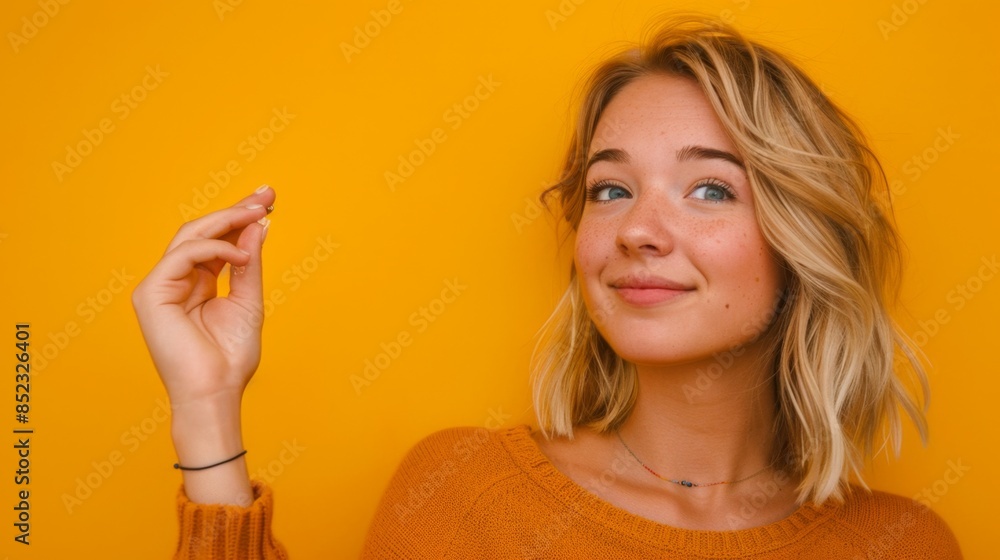 Smiling, blonde woman showing something to the side on a yellow background Smiling, blonde woman showing something to the side on a yellow background