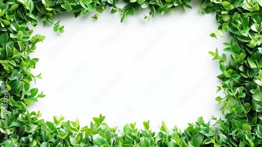 A vivid green foliage border creates a frame on a clean white background, perfect for text or design placement A vivid green foliage border creates a frame on a clean white background, perfect for text or design placement