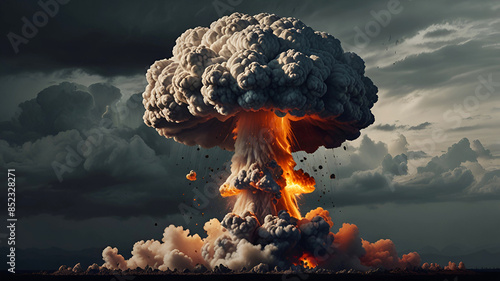 Nuclear explosions and mushroom cloud isolated on white background Ai generative. photo