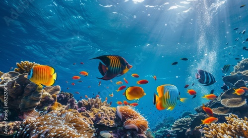 Vibrant tropical fish frolic amidst a kaleidoscopic coral reef in the ocean's azure embrace. photo