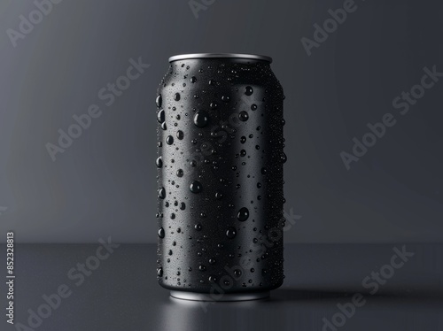 3d render of black soda can with water drops isolated on dark grey background