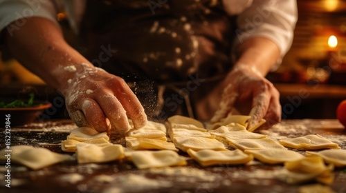 Close-up of a baker's hands forming ravioli dough on a wooden surface.