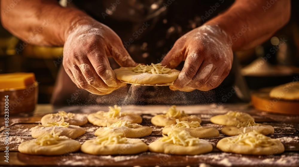 Close-up of a chef's hands preparing flatbreads on a wooden table. Close-up of a chef's hands preparing flatbreads on a wooden table.