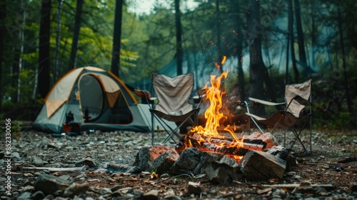 Bonfire with burning firewood near chairs and camping tent in the forest, Beautiful autumn nature landscape with campfire at the forest, Travel, and leisure concept for outdoor activities or vacation.