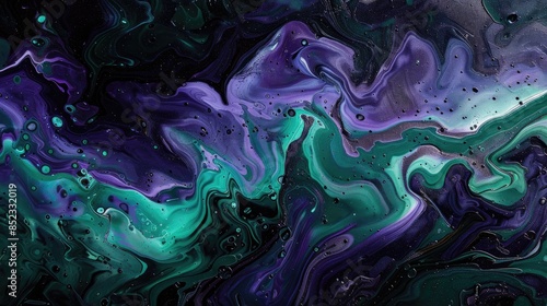 Acrylic liquid splash wave background design in shades of green purple and black