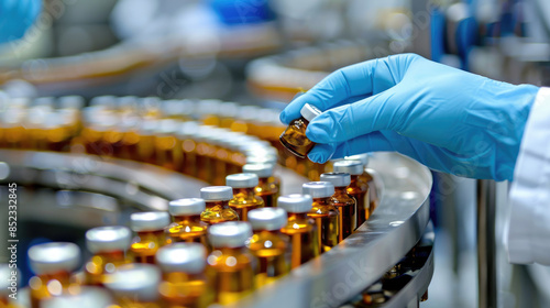 Pharmacist with Gloves Checking Vials on Conveyor Belt © didiksaputra