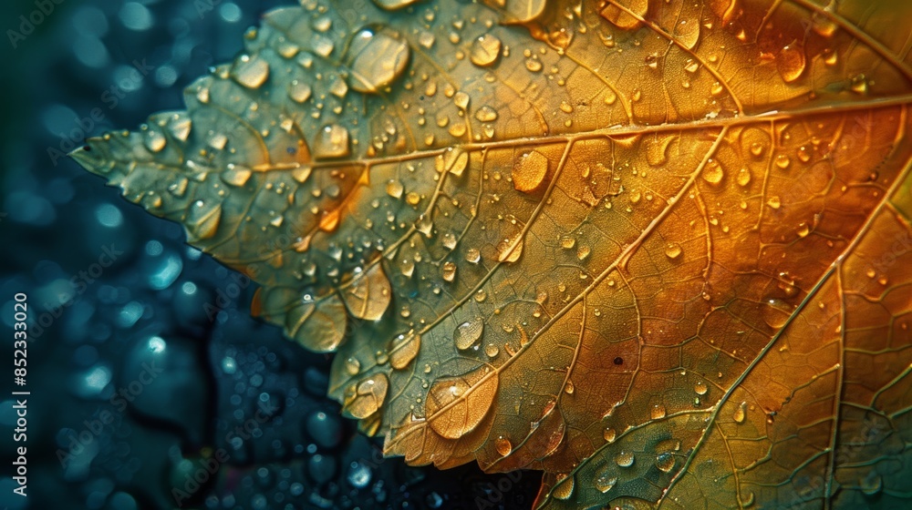A macro shot revealing the intricate details of condensation forming on a leaf after a rain shower. A macro shot revealing the intricate details of condensation forming on a leaf after a rain shower.