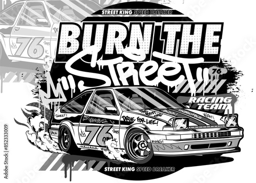 Car Graffiti Vector Illustration. Street racing car illustration in graffiti style. Black and white race car t-shirt design