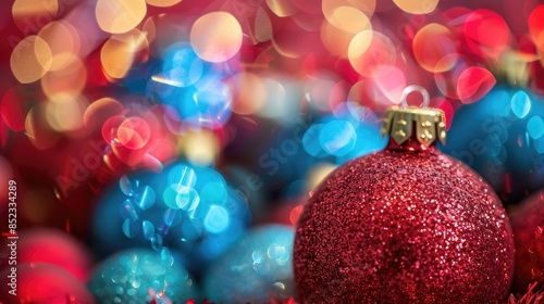 Shiny Christmas Ornaments in Close up with Festive Background