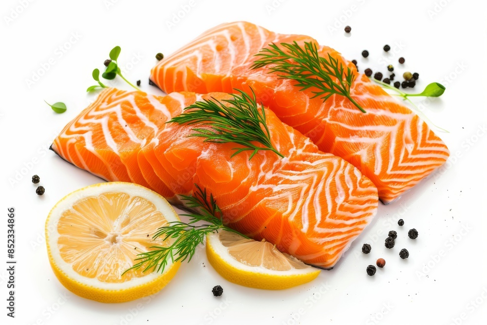 Fresh salmon fillets with lemon and herbs on white background Fresh salmon fillets with lemon and herbs on white background