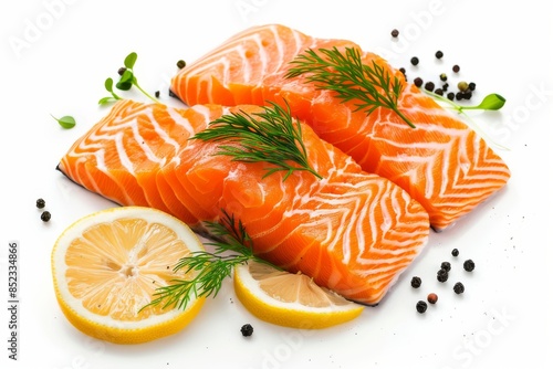 Fresh salmon fillets with lemon and herbs on white background