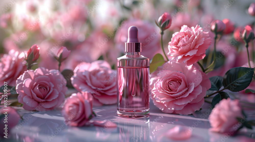 organic cosmetic with rose oil on white background top view organic cosmetic with rose oil on white background top view