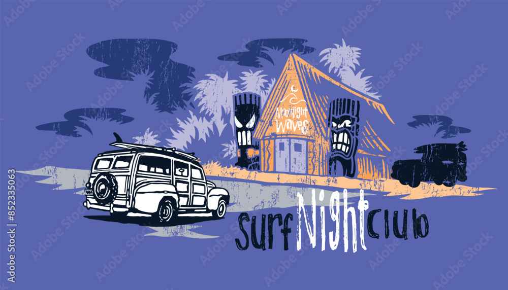 Vector illustration of an old surfer car in a landscape representing a nightclub. Vector illustration of an old surfer car in a landscape representing a nightclub.