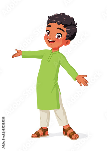 Indian boy greeting with wide open arms. Cartoon vector illustration.