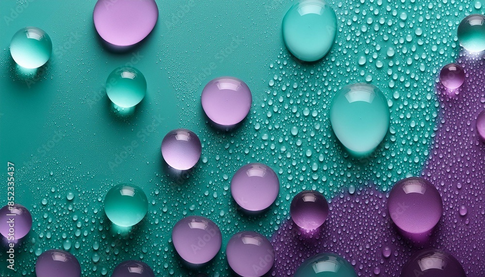 Teal and Purple Background with Water Droplets on Surface. Contemporary Wallpaper with Copy-Space. Teal and Purple Background with Water Droplets on Surface. Contemporary Wallpaper with Copy-Space.
