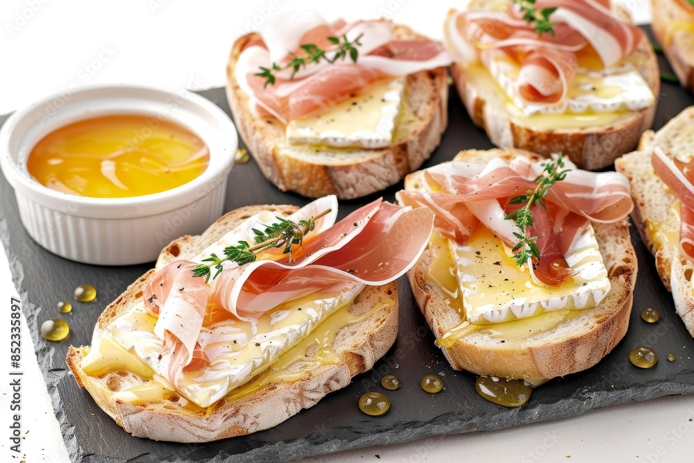 Gourmet Camembert & Prosciutto Tartines on Slate Board Gourmet Camembert & Prosciutto Tartines on Slate Board