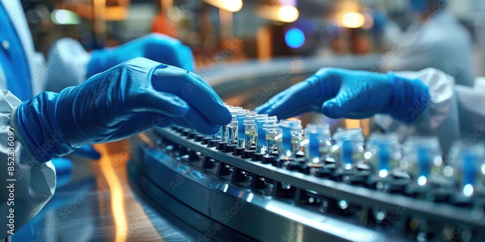 Gloved Hands Inspecting a Conveyor Belt of Test Tubes in a Laboratory Gloved Hands Inspecting a Conveyor Belt of Test Tubes in a Laboratory