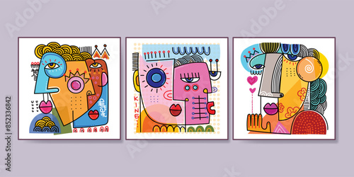Set of abstract face portraits geometric, shapes, doodle , decorative hand drawn vector illustration wall art. Cubism male and female portrait aesthetic design for poster, cover, print and decoration.