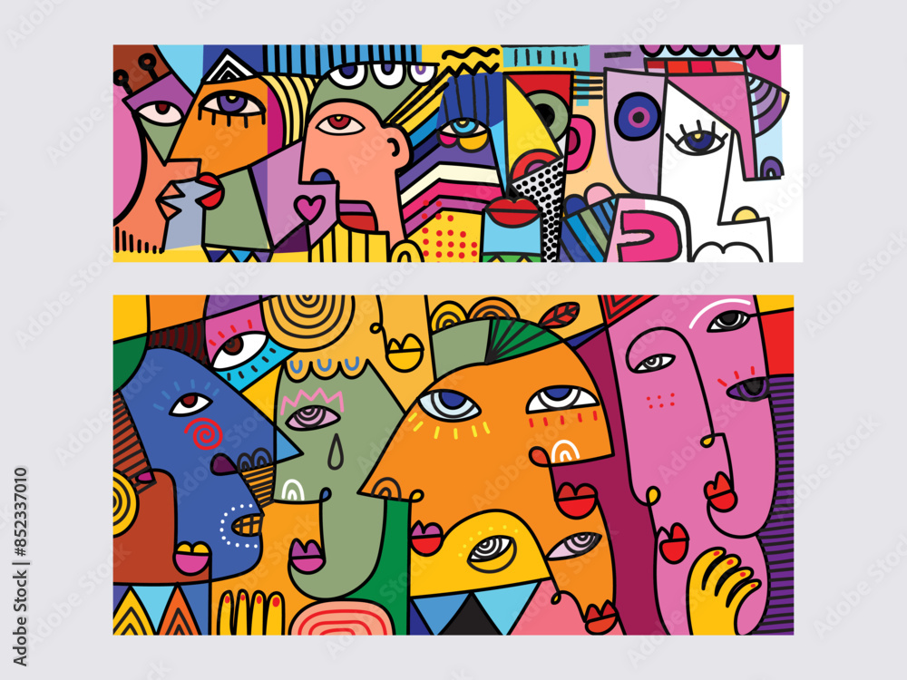 Fototapeta premium Set of abstract face portraits geometric, shapes, doodle , decorative hand drawn vector illustration wall art. Cubism male and female portrait aesthetic design for poster, cover, print and decoration.