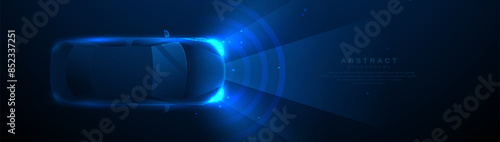 Autonomous smart car. Sensor radar car. Self driving car. Low polygonal, wireframe, linear and mesh illustration
