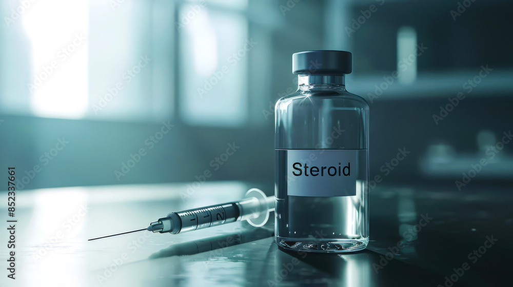 A bottle of steroids and a syringe on the table. Steroids are biological compounds that are usually derived from the sex hormones testosterone and dihydrotestosterone A bottle of steroids and a syringe on the table. Steroids are biological compounds that are usually derived from the sex hormones testosterone and dihydrotestosterone