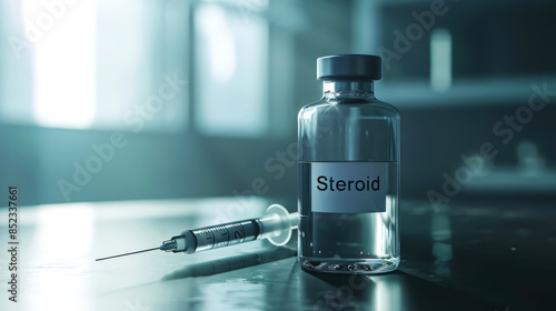 A bottle of steroids and a syringe on the table. Steroids are biological compounds that are usually derived from the sex hormones testosterone and dihydrotestosterone
