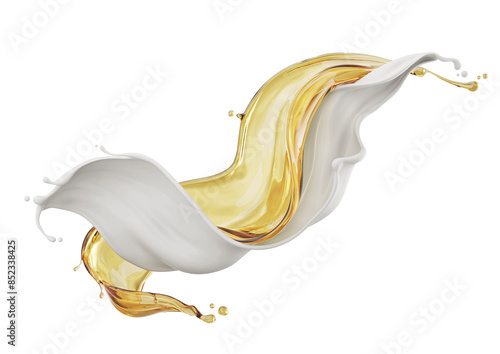 cosmetic serum oil and milk cream, Oil droplet to twisted white cream 3d rendering.