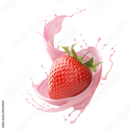milk or yogurt splash with strawberries 3d rendering.