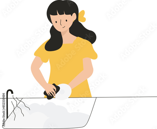 Washing dishes and housework concept. Young smiling woman cartoon character standing washing dishes with special soap and brush over white background vector illustration