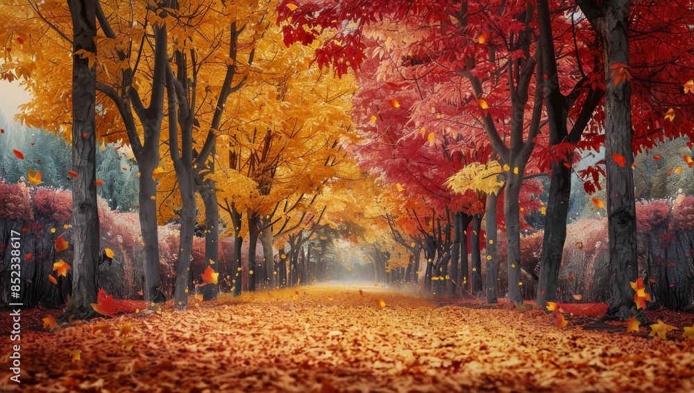 Fototapeta premium Stunning Autumn Path with Vibrant Red and Yellow Foliage and Fallen Leaves