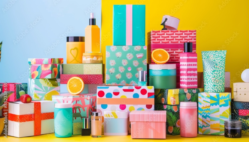 Naklejka premium Colorful Gift Boxes with Cosmetics on Yellow and Blue Background