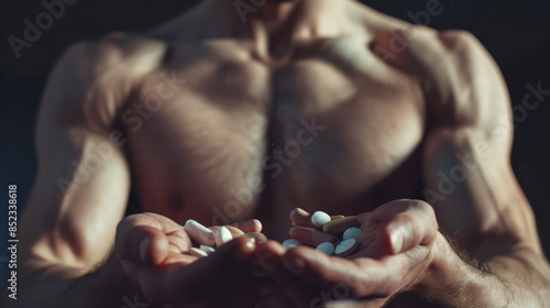 A white, muscular man with a bare torso holds white pills in his hands. The concept of power and might. The dark side of sports. The use of doping and steroids