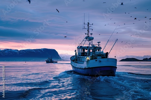 a fishing boat lies at sundown in the fjord