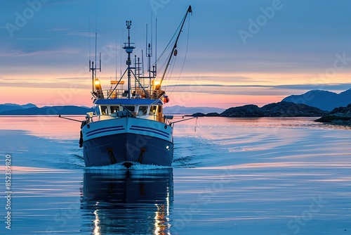 a fishing boat lies at sundown in the fjord