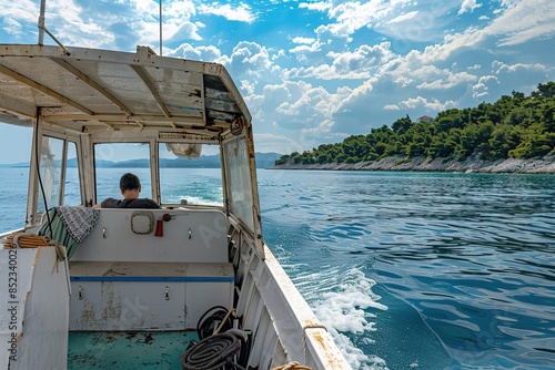 Open sport fishing boat with blue canvas canopy