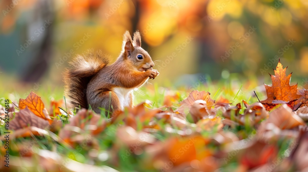 Red squirrel eating food on green grass among autumn leaves Red squirrel eating food on green grass among autumn leaves