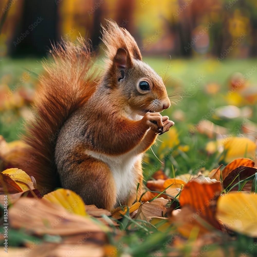Red squirrel eating food on green grass among autumn leaves Red squirrel eating food on green grass among autumn leaves