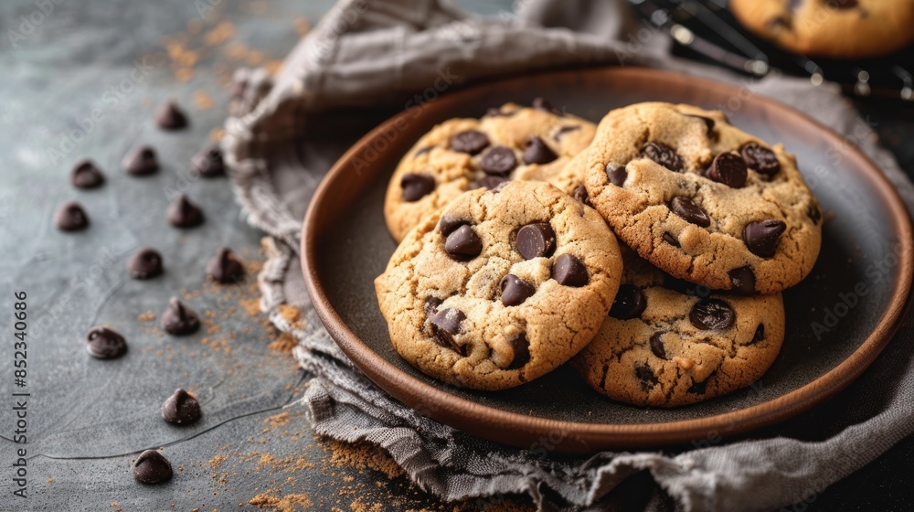 Freshly baked cookies with melting chocolate chips await on a rustic plate Freshly baked cookies with melting chocolate chips await on a rustic plate