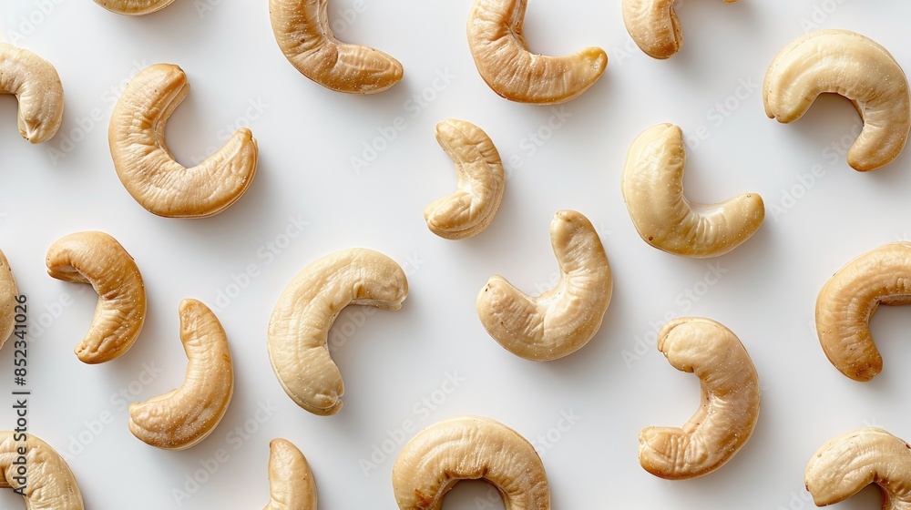 Cashew nuts arranged from a bird s eye perspective on a white background Cashew nuts arranged from a bird s eye perspective on a white background