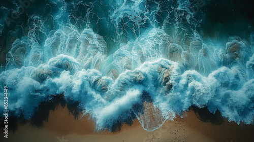 Fototapeta Naklejka Na Ścianę i Meble -  Overhead photo of crashing waves on the shoreline beach. Tropical beach surf. Abstract aerial ocean view