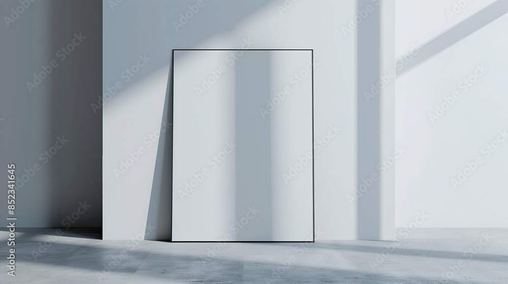 Empty white picture frame leaning against a wall in a minimalist room. The clean lines, soft shadows, and simple design create a serene and modern atmosphere, emphasizing simplicity and elegance Empty white picture frame leaning against a wall in a minimalist room. The clean lines, soft shadows, and simple design create a serene and modern atmosphere, emphasizing simplicity and elegance