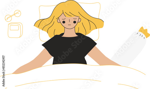 Sweet dreams banner. Happy young woman is fast asleep, having a good dream. Girl is lying in the bed under soft duvet and healthy sleeping. Sleep tight, sweet dreams concept. Flat vector illustration