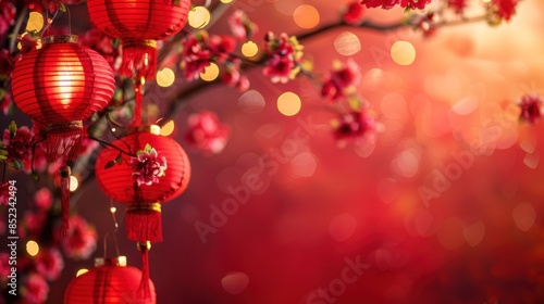 Chinese new year banner with lantern and flowers on blue background. Vector illustration for banner, flyers, posters, greeting cards, invitation