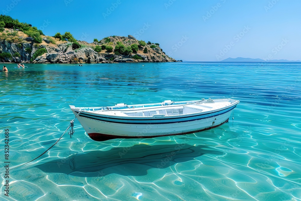 Naklejka premium a fishing boat in the colours blue, red and white on azure clear water