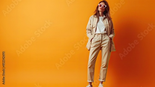 Fashionable Woman in Beige Outfit and Sunglasses Posing Against Vibrant Orange Background