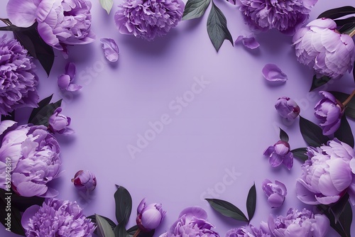  Empty feminine lilac purple peony flowers frame on graceful lilac background, for sign design, wedding invitation, cosmetic product, Mother's Day, Valentine, Woman's Day mock up with copy space