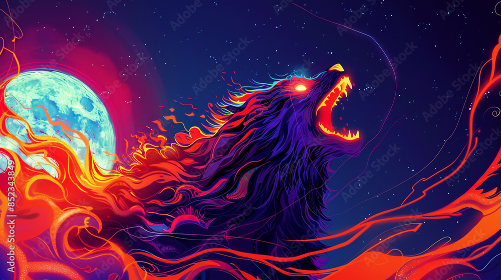 A fiery-haired werewolf with neon lines, glowing eyes, and vibrant colors howling at the full moon.